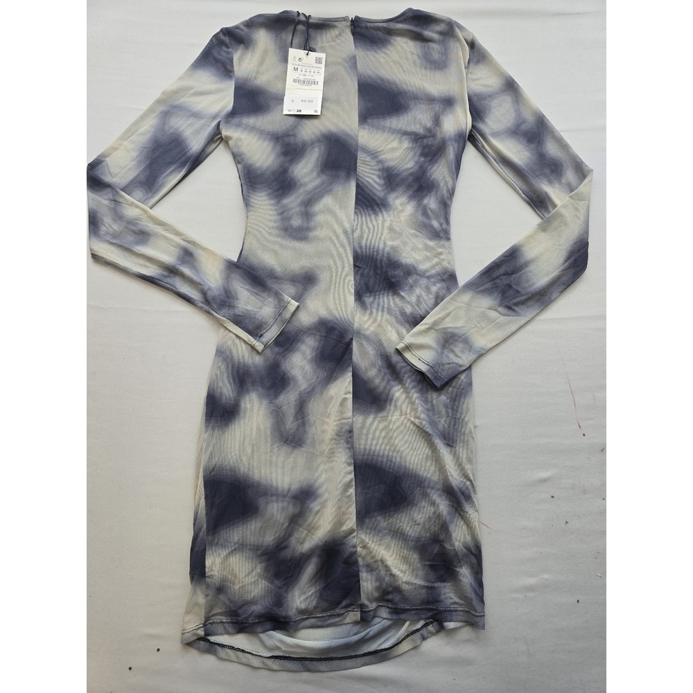 Zara Womens Blue White Tie Dye Mesh Ruched Long Sleeve Bodycon Mini Dress M NWT